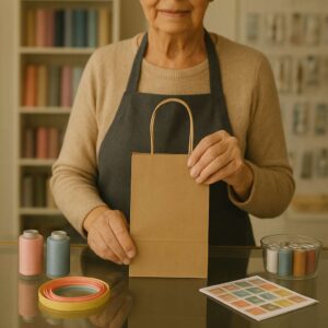 Persona sostiene una bolsa de papel kraft marrón 12×08×19 cm con manija retorcida; hilos y cintas sobre el mostrador.