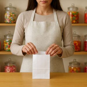 Bolsa de papel blanca kraft para golosinas (sin manijas) Bolsa de papel kraft marrón sin manijas, sobre mostrador en tienda de golosinas.