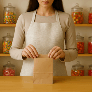 Bolsa de papel kraft natural sin manijas, cerrada a mano sobre mostrador en tienda de golosinas.