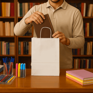 Bolsa de papel kraft blanca en librería — con manija Persona coloca un libro en una bolsa de papel kraft blanca con manija de papel retorcido sobre un mostrador de librería; útiles y estanterías de fondo.
