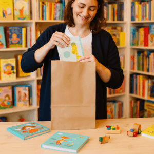 Mujer guarda un libro infantil en una bolsa de papel kraft marrón sobre un mostrador de librería; libros y juguetes alrededor.