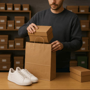 Persona coloca una caja de zapatos dentro de una bolsa de papel kraft marrón sobre un mostrador; zapatillas blancas y cajas apiladas alrededor.